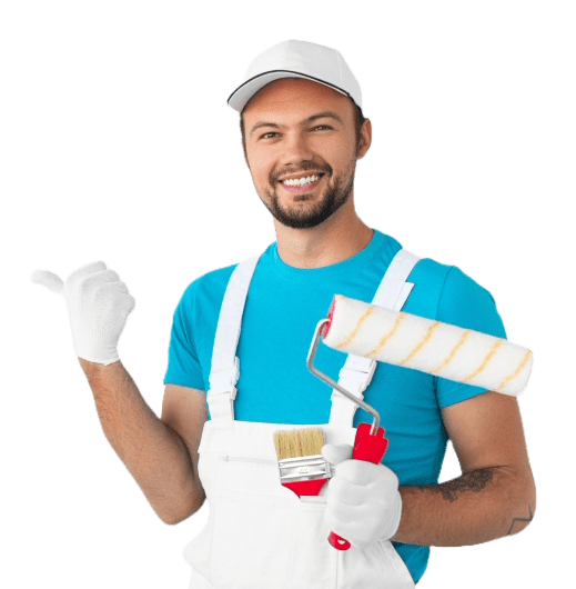 Homem apontando para os depoimentos e segurando um rolo de pintura